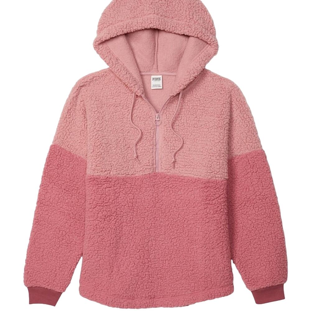 PINK Varsity Sherpa‎ Half Zip Pullover Hoodie Damsel Pink Colorblock NWT SZ M
